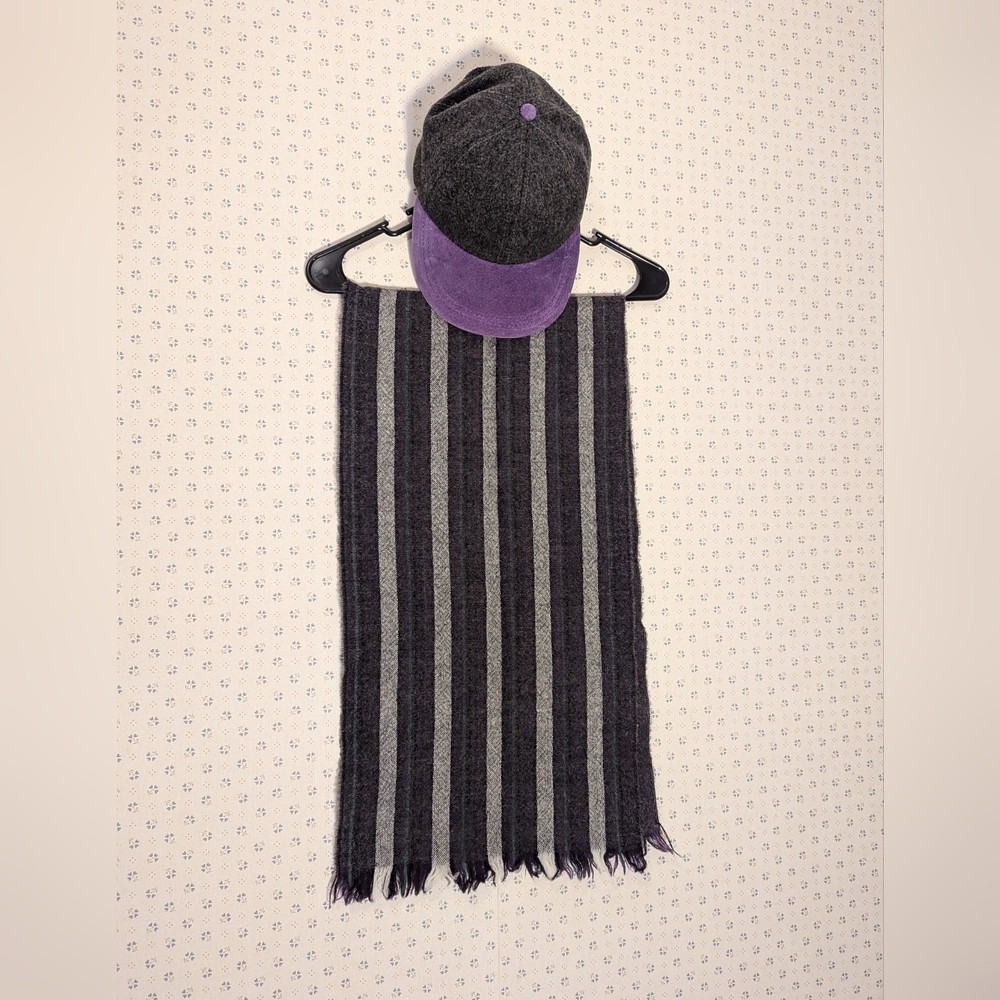 🩶 💜 Wool Cap & Striped Scarf Set No Flaws Purple Suede Whimsigoth meets Preppy